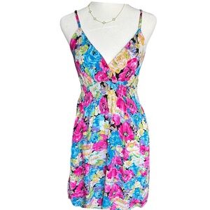 Colorful Floral Smocked Summer Sundress Women’s Small Babydoll Pink Mini